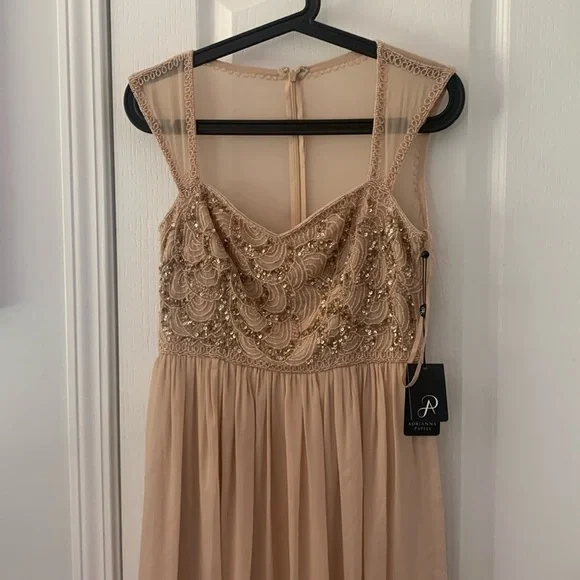 Adrianna Papell Rose champagne Beaded Bodice Dress sz 4 wedding chiffon  prom Wedding